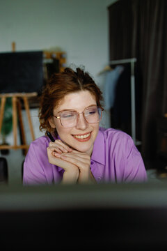 Creative office portrait worker smiling. Stylish occupation