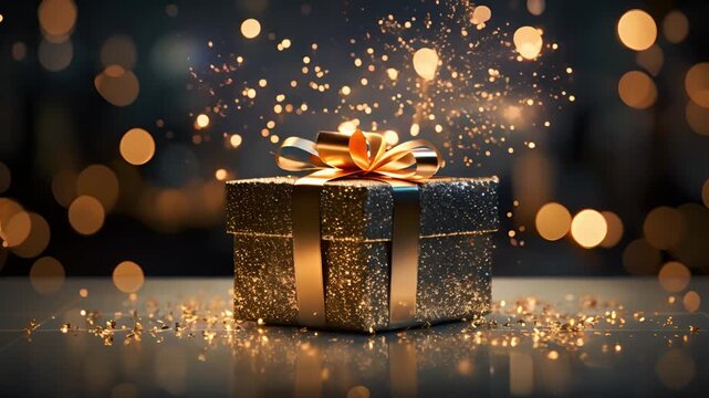 gift box with golden confetti. Abstract luxury blue background.
