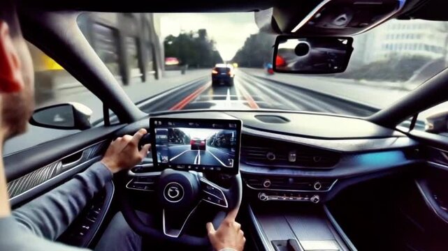 The driver's perspective inside a car, with an identical car visible through the windshield. The dashboard is sleek with a large touchscreen