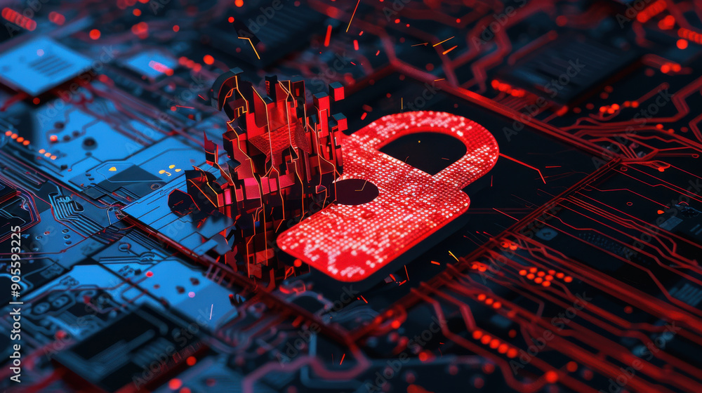 Poster cybersecurity breach illustration with a red broken padlock and internet attack alert on screen.