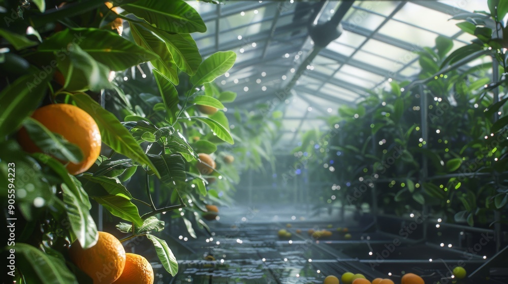 Poster Sunlight filters through a greenhouse, illuminating rows of orange trees laden with fruit, surrounded by lush green leaves.