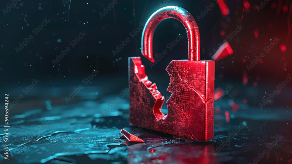 Poster cybersecurity breach with a red broken padlock and an alert indicating a compromised system.