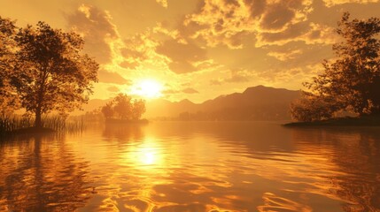 Golden hour over a virtual lake, 3D illustration, reflective sunset beauty