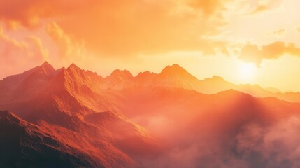 Virtual mountains bathed in golden hour light, 3D illustration, serene nature sunset
