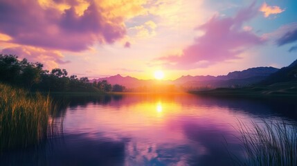 Naklejka premium A stunning sunset over a serene lake, reflecting vibrant colors of pink, purple, and orange, surrounded by lush landscapes.