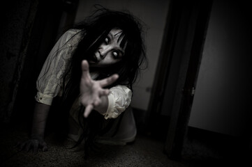 Portrait of asian woman make up ghost,Scary horror scene for background,Halloween festival...