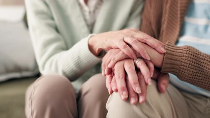 Senior couple, support and holding hands for empathy, retirement fund and financial crisis in home. Old people, sad and sorry on sofa for pension fraud with bank scam, debt and trust for compassion