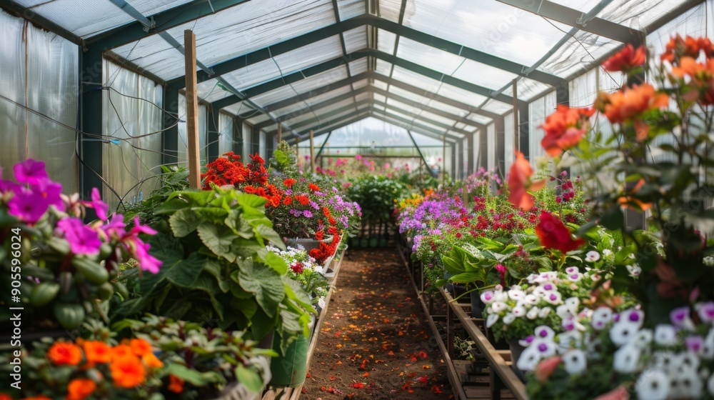 Poster a greenhouse showcases an array of vibrant flowers in full bloom, featuring colorful petals and lush