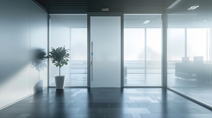 Fototapeta premium Modern office building. Contemporary corporate architecture. Front of a commercial luxury building,.Bright Office Reception with Green Plants and Frosted Glass Walls 