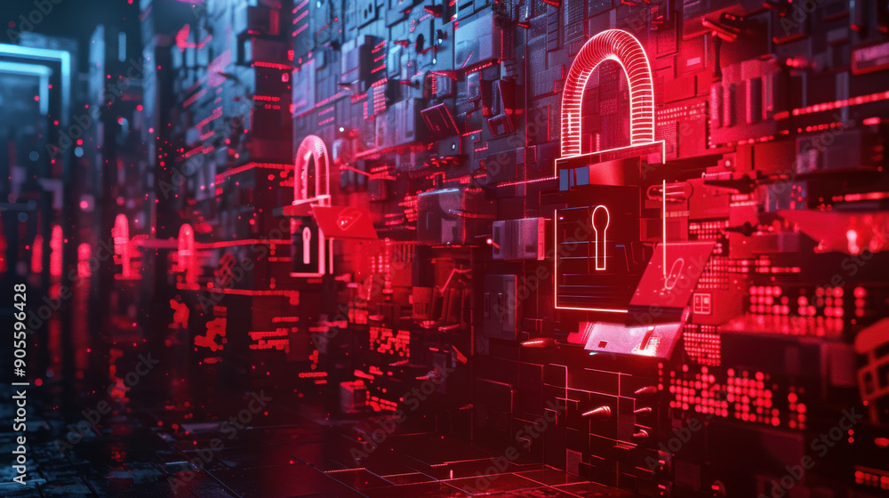 Poster cybersecurity breach with a red broken padlock and an alert indicating a compromised system.