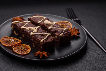 Delicious sweet brownies with chocolate and nuts
