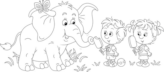 Happy little boy and girl treating tasty and cold chocolate ice cream to a funny baby elephant at a petting zoo on a warm summer day, black and white vector cartoon illustration for a coloring book