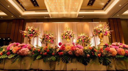 Elegant Business Conference Stage with Floral Arrangements for Sophisticated Event Decor
