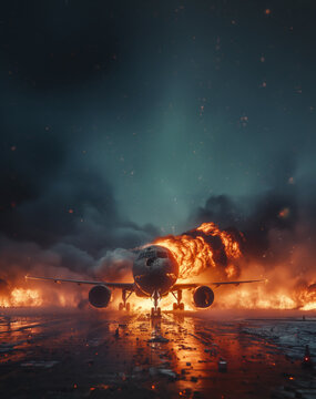 Airplane engulfed in flames on a runway at night. Generative AI image
