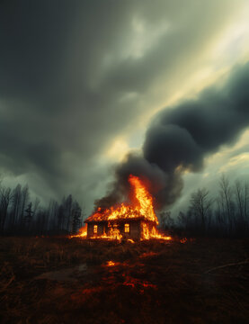 Intense fire engulfs cabin in gloomy forest landscape. Generative AI image