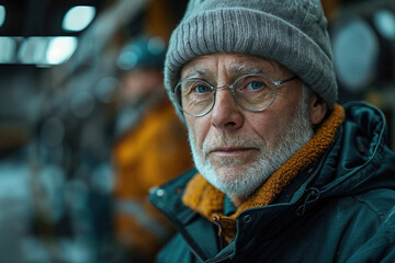 Elderly male artisan in workshop, looking at camera. Generative AI image