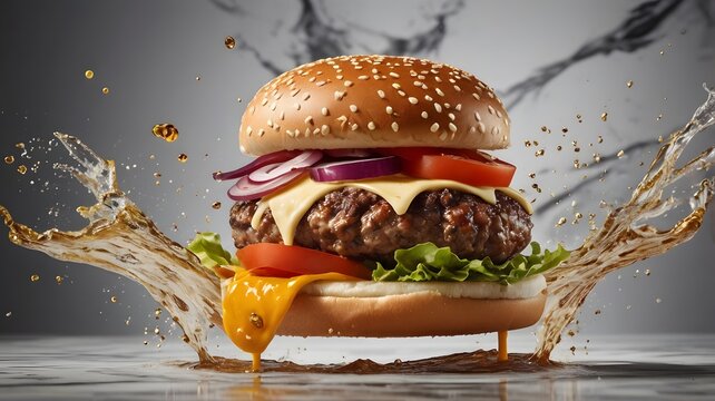 A burger mid-splash components flying apart, a luxurious marble background the sleek, sophisticated backdrop