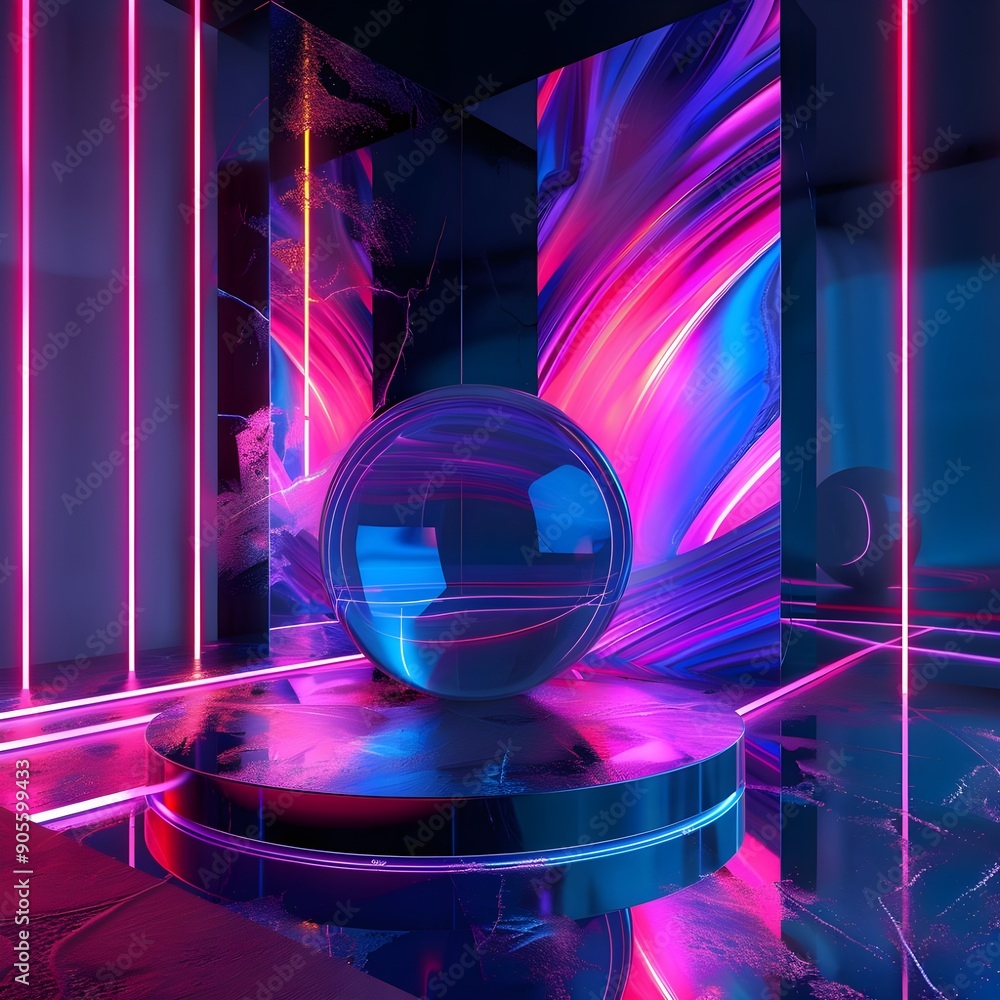 Poster a striking installation of a spherical object encased in neon lights, creating a vibrant and futuris