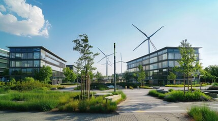Corporate park with energy-efficient architecture, wind turbines in background, and green landscape, focusing on renewable energy. Corporate building reduce CO2