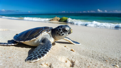 Obraz premium photo realistic of top view of Baby Sea turtle hatchling crawling on the white sand beach toward the sea, Raine Island, Great Barrier Reef, Australia.