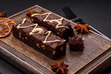 Delicious sweet brownies with chocolate and nuts