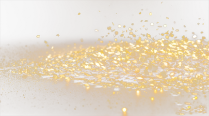 Golden glitter or confetti particles in motion against a transparent background