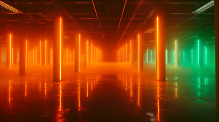 Futuristic Space with Neon Orange and Green Lighting