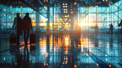 Pilot and air traffic controller in airport terminal, abstract blurred image