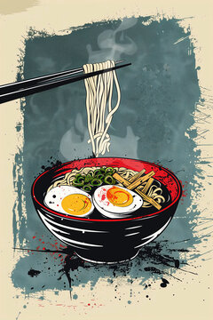 Vintage-style ramen illustration with chopsticks Generative AI image