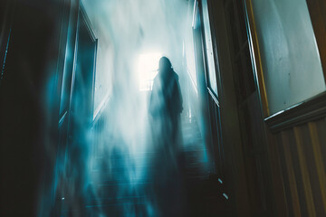 a ghost in a haunted house on old stairs. Concepts of terror, fear and Halloween