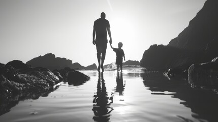 Child, mother, and father silhouette walking in tidal pool on rocky coastline mockup