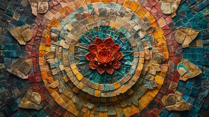 Intricate mandalas composed of geometric shapes, mirroring the emphasis on mindfulness in Buddhism