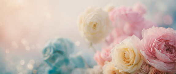 Fototapeta premium Pastel colored roses creating a romantic background with copy space