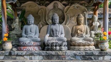 Buddha statues in various poses, each symbolizing a specific aspect of the religion's philosophy