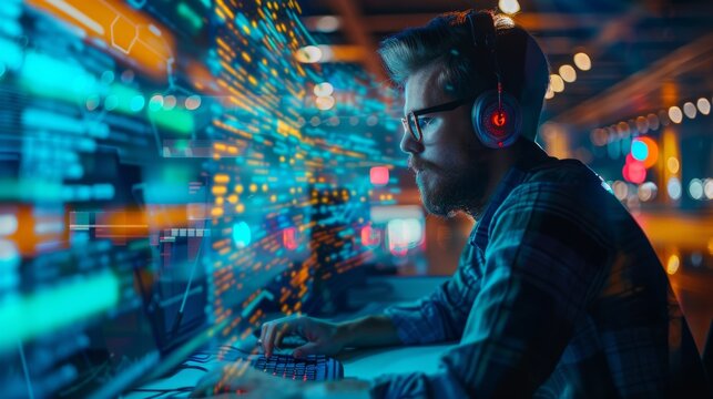 Software developer and IT support in tech office, abstract blurred image