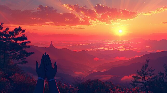 Silhouette of praying hands against a tranquil landscape, symbolizing the devotion of Buddhist practitioners