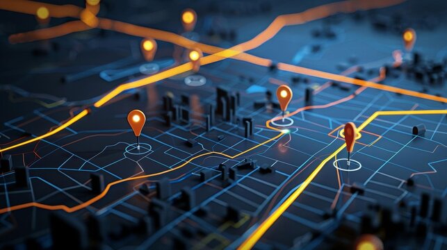 Digital map with highlighted pins indicating specific locations for efficient GPS route guidance High-Resolution, Navigation, Digital Photography