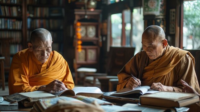 Monks engaged in scriptural study, emphasizing the importance of intellectual and scholarly pursuits