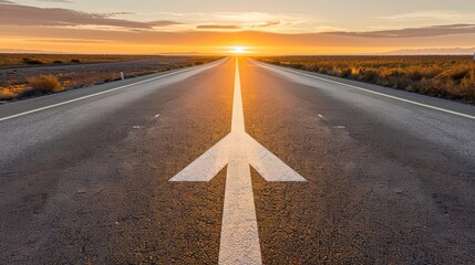 Journey to success depicted by a road at sunset with an arrow, highlighting motivation and achievement High-Resolution, Inspirational, Digital Art
