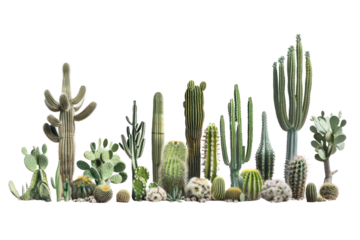 Realistic photographs of various cacti, each with a unique shape, size and spine.