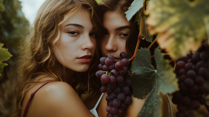 An enchanting portrait of two young women with flowing hair, elegantly posed among lush grapevines, evokes a sense of connection and highlights natures beauty in this serene outdoor setting