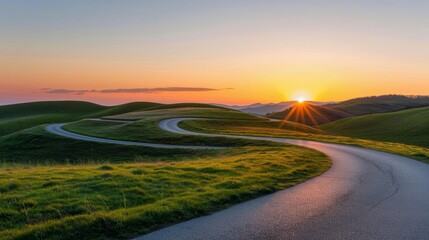 Winding road at sunset symbolizing journey to success and milestones of determination High-Resolution, Inspirational, Landscape Photography