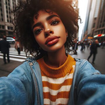 junge Frau mit dunklen Locken gro&szlig;en Lippen Jeansjacke und Pullover modisch gekleidet schaut verf&uuml;hrerisch in Kamera, Selfi auf Stra&szlig;e in einer Gro&szlig;stadt, wie New York, sinnlich, warmes Licht