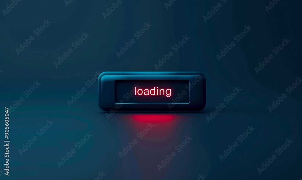 Poster minimalist graphic of progress bar on online video play button with 'loading' text on dark blue back