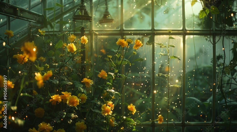 Aufkleber Bright yellow flowers bloom in a tranquil greenhouse, illuminated by warm sunlight filtering through glass panels, creating a magical atmosphere filled with floating particles.