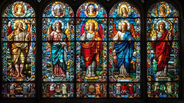 Stained glass depictions of saints and biblical figures, illustrating the veneration of holy individuals