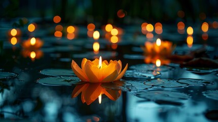 Floating candles on a body of water, honoring the Buddha's birthday (Vesak) celebration