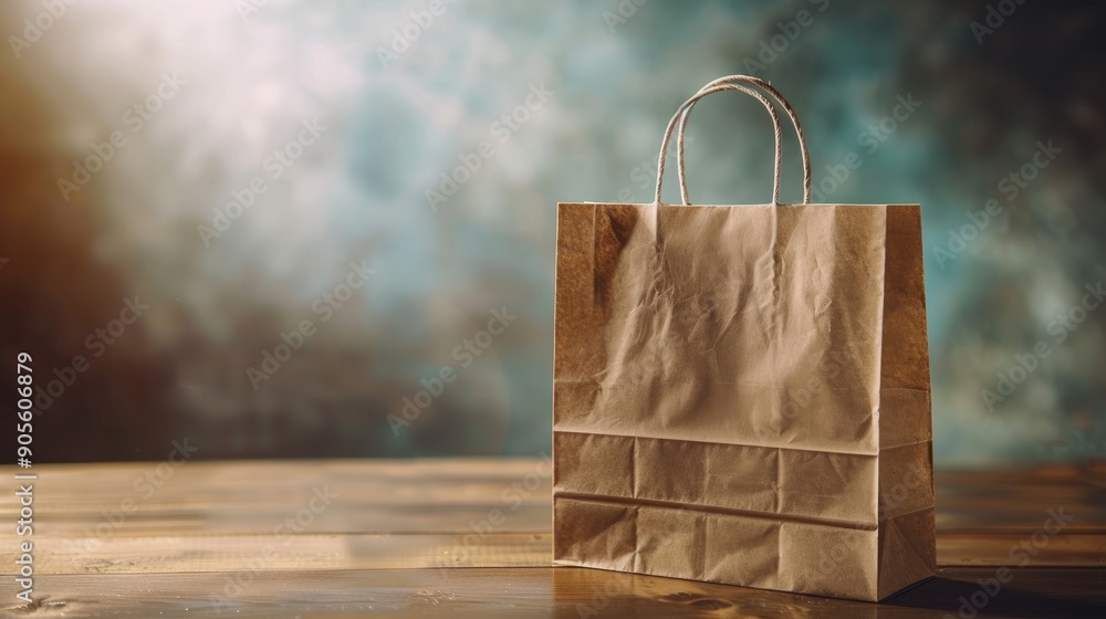 Aufkleber paper bag with handles on table with light background