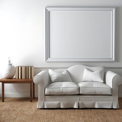 Modern bright interior with empty frame . 3D rendering
