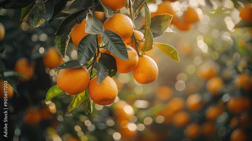 Sticker Sunlight Illuminates Ripe Oranges on a Tree Branch